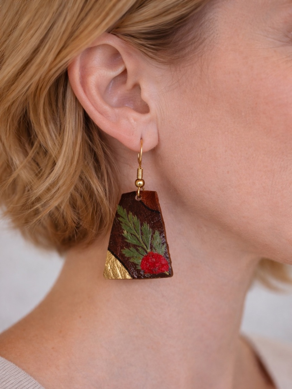 Brown Leather Drop Earrings with REAL Red Floral Accent & leaves - NWOT